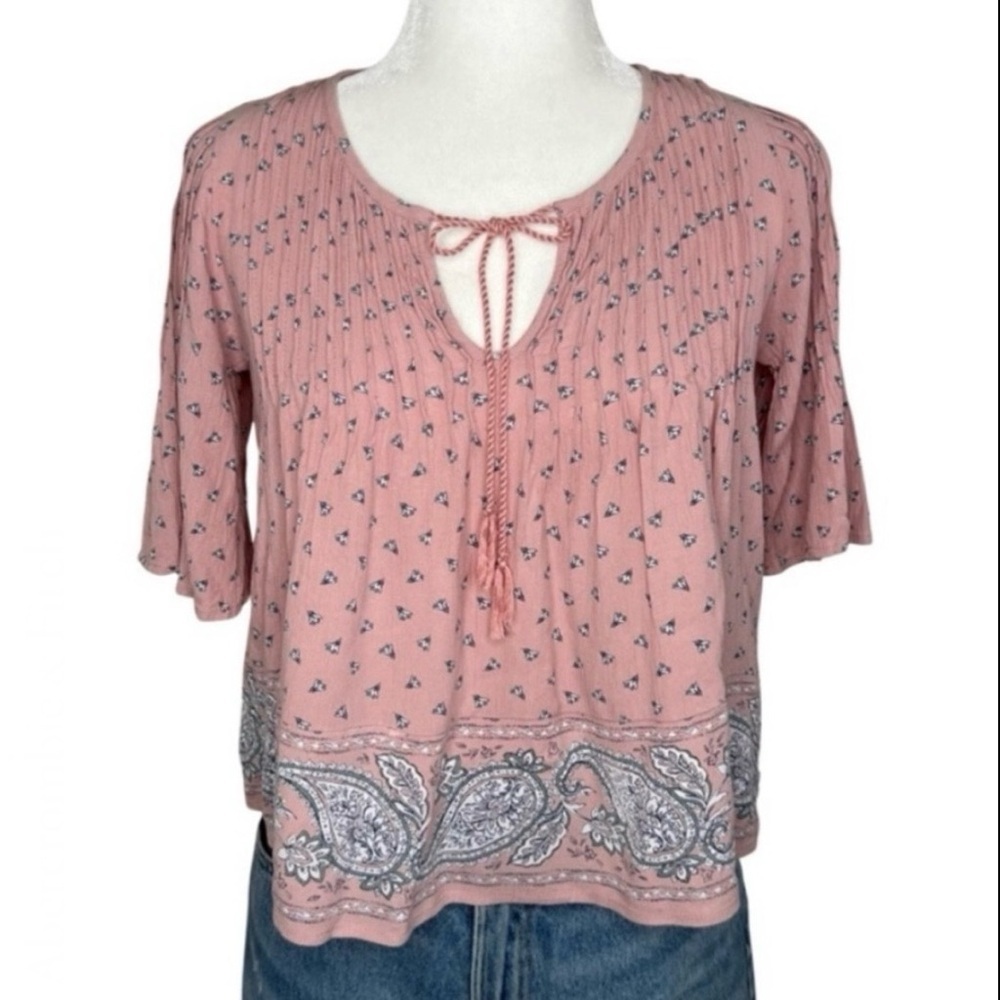 Abercrombie & Fitch Top Boho Peasant Blouse Floral Paisley Pink XS Tassel Tie